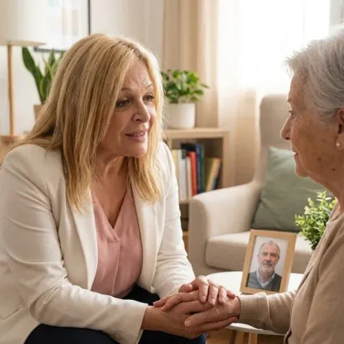 La psicologa tiene la mano di una signora anziana durante un colloquio